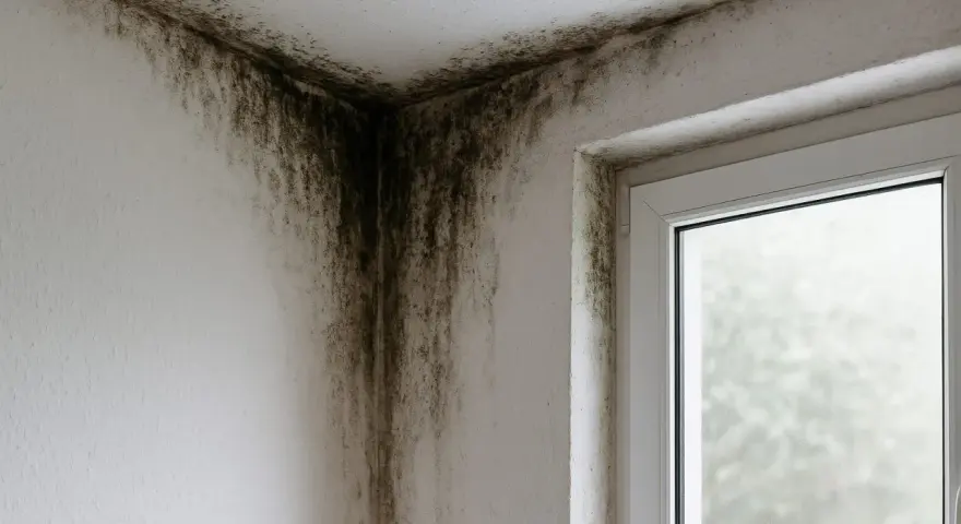Moisissure noire envahissant le coin d'une pièce, signe d'un **rupture pont thermique** et d'une mauvaise isolation.