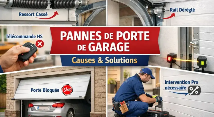 Le moteur de ma porte de garage ne fonctionne plus : ressort cassé, télécommande HS, rail déréglé, porte bloquée. Intervention pro nécessaire.