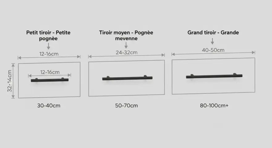Guide pour choisir quelle poignée de porte : petite, moyenne ou grande, selon la taille du tiroir.