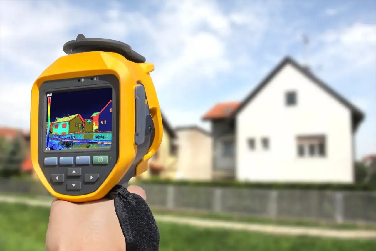 Caméra thermique montrant les zones de déperdition de chaleur d'une maison, révélant un pont thermique fenetre.