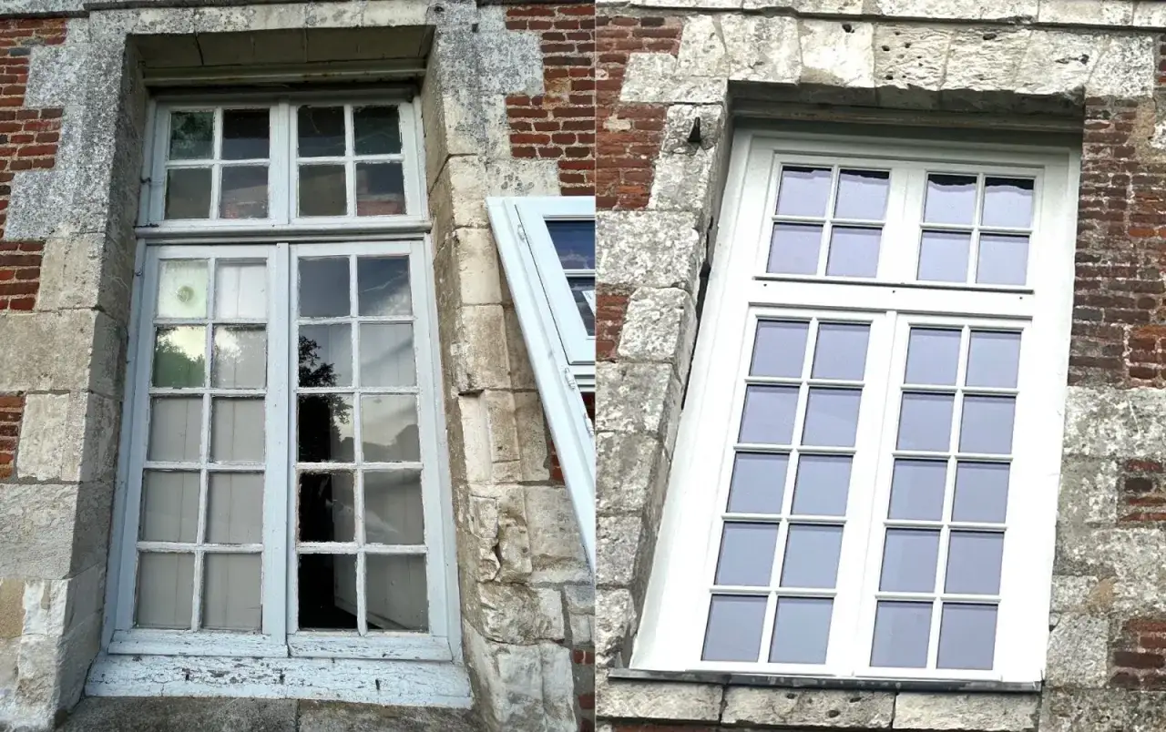 Comparaison de deux fen&ecirc;tres anciennes : l'une d&eacute;labr&eacute;e, l'autre restaur&eacute;e. La premi&egrave;re, avec sa peinture &eacute;caill&eacute;e et ses vitres ternes, contraste avec la seconde, immacul&eacute;e et lumineuse.