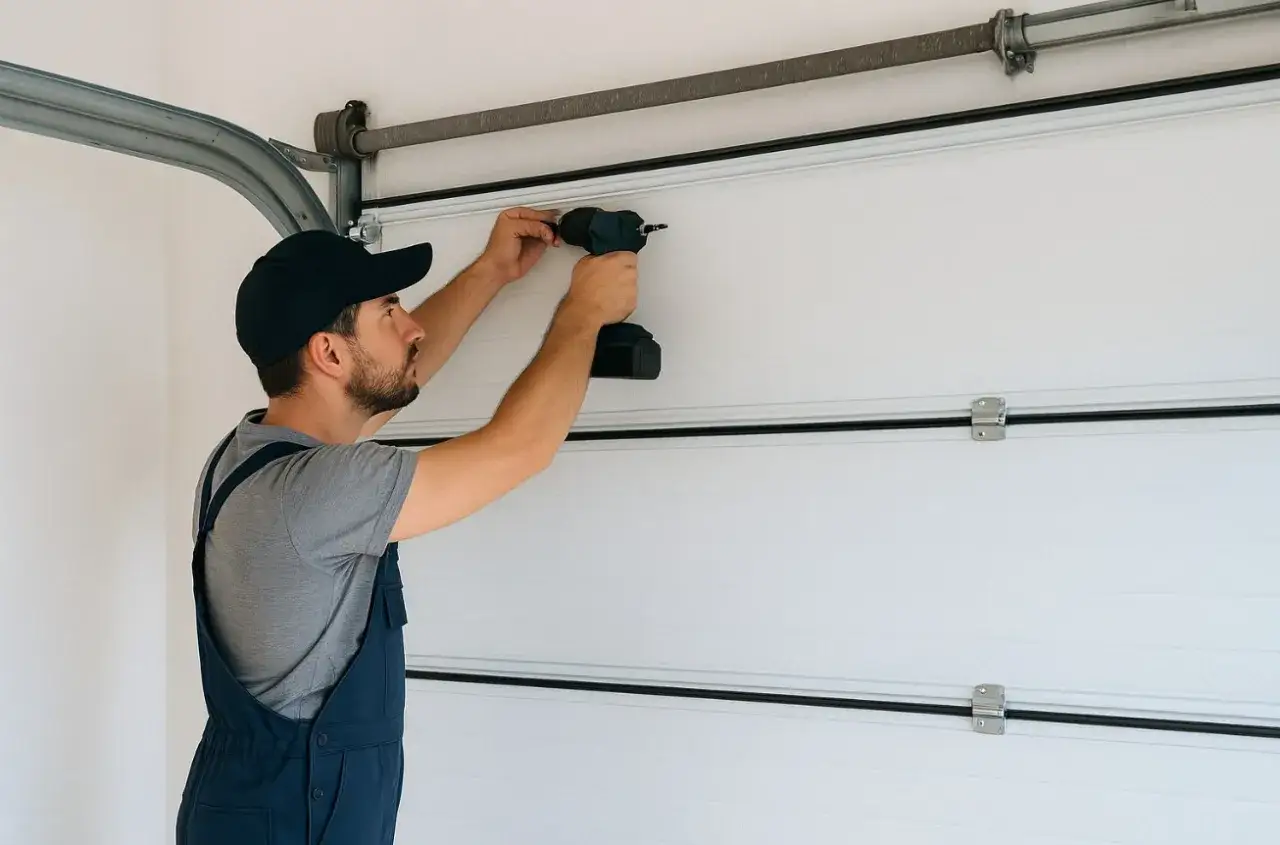 Un technicien effectue la fixation moteur porte de garage avec une perceuse.