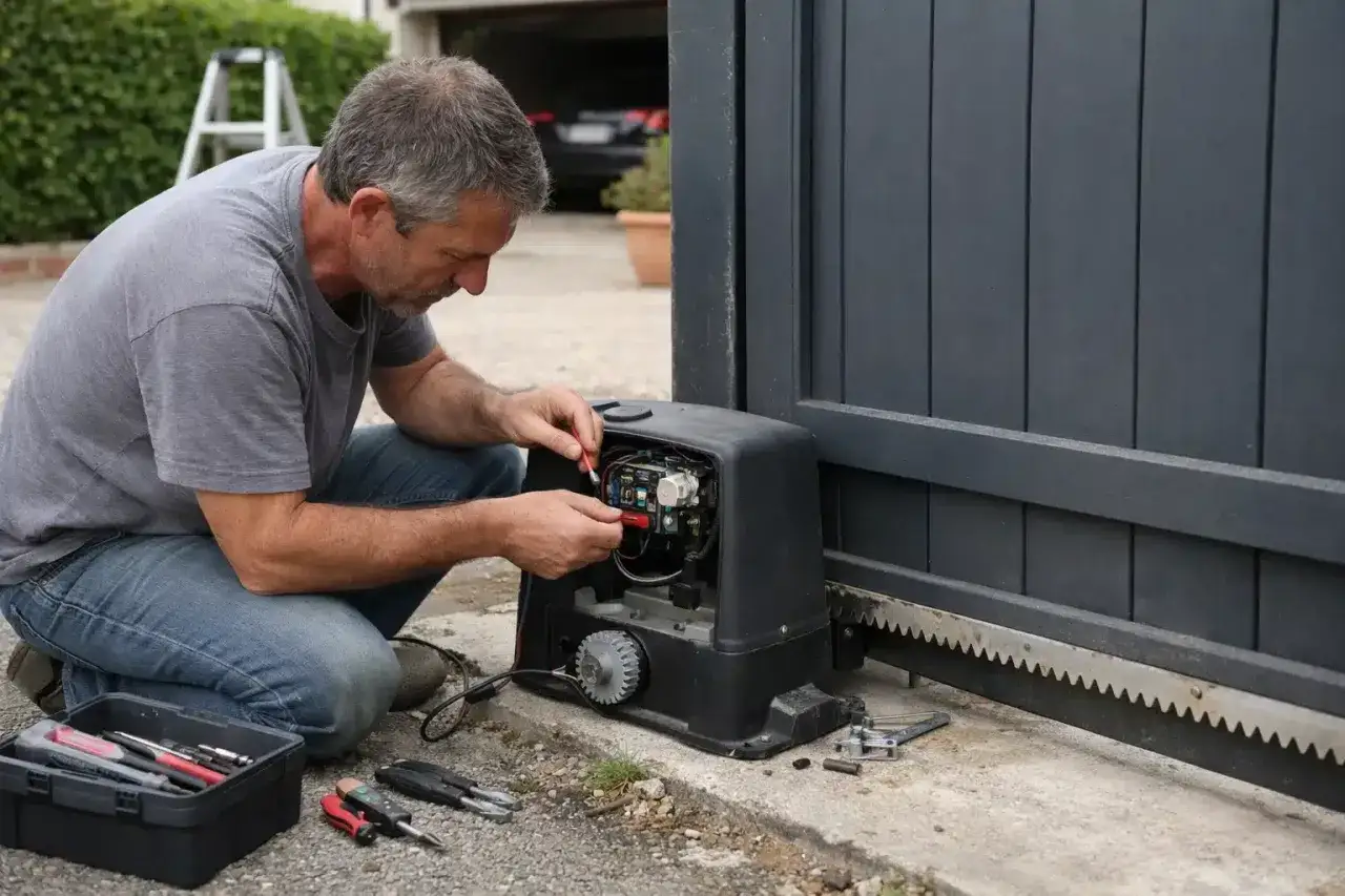 Un homme r&eacute;pare le moteur d'un portail &eacute;lectrique coulissant. Outils &agrave; proximit&eacute;.