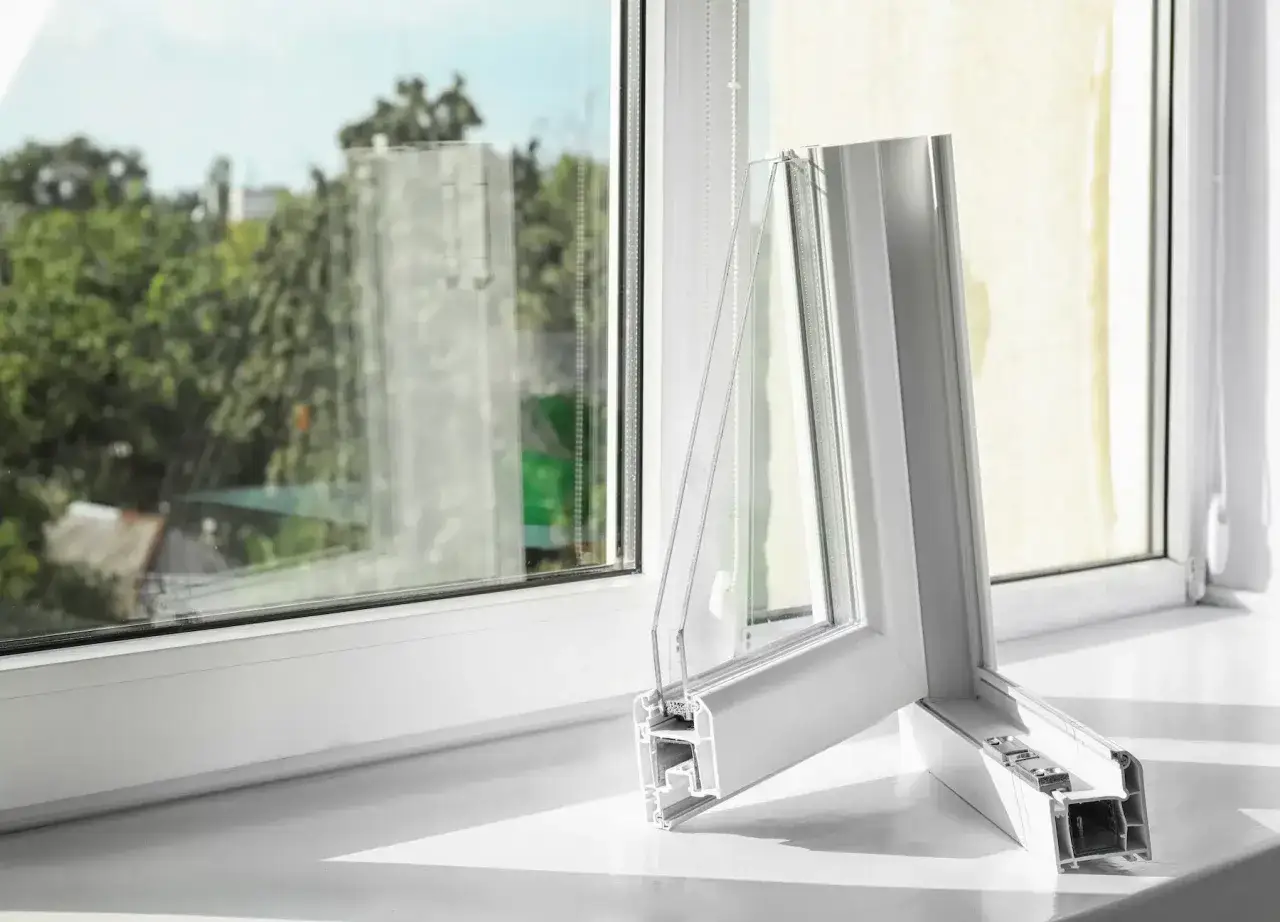 Profil&eacute; de fen&ecirc;tre blanc, section transversale montrant le double vitrage. Menuiserie RAL 7009.