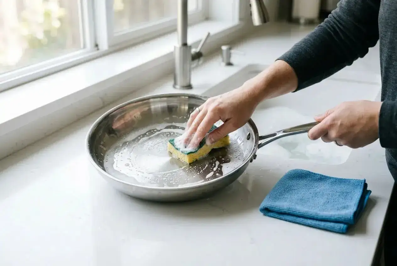 Main d'une personne lavant une po&ecirc;le en inox avec une &eacute;ponge savonneuse. Apprenez comment faire briller de l'inox pour une cuisine &eacute;clatante.