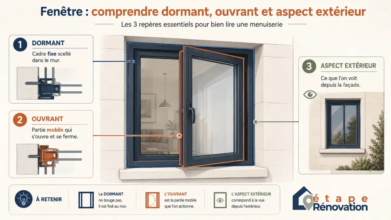 Illustration expliquant les parties d'une fenêtre : le dormant fixe, l'ouvrant mobile et l'aspect extérieur.