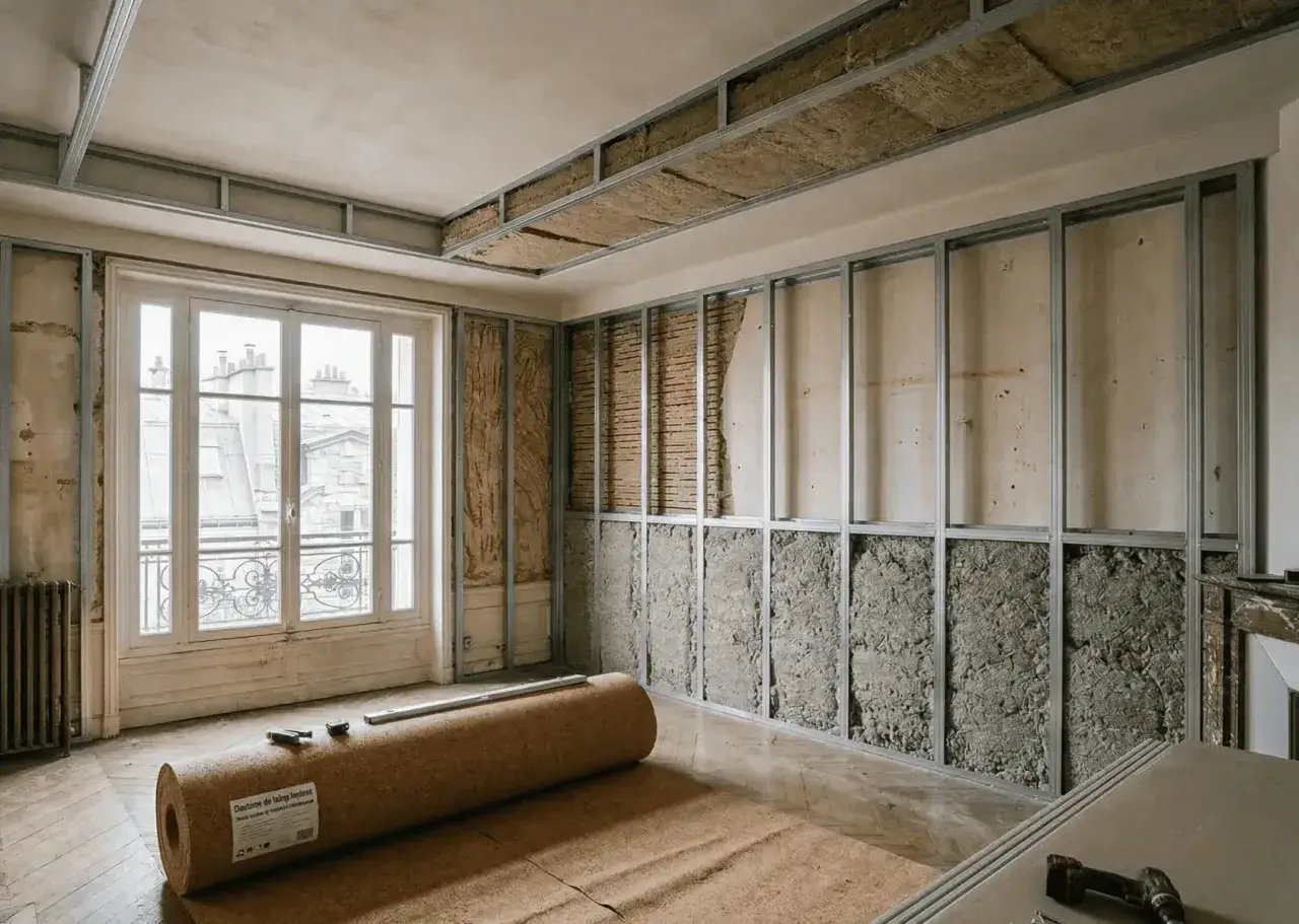 R&eacute;novation d'une pi&egrave;ce avec ossature m&eacute;tallique et isolation. Le rouleau de li&egrave;ge au sol promet une isolation phonique, car 40 dB est ce bruyant.