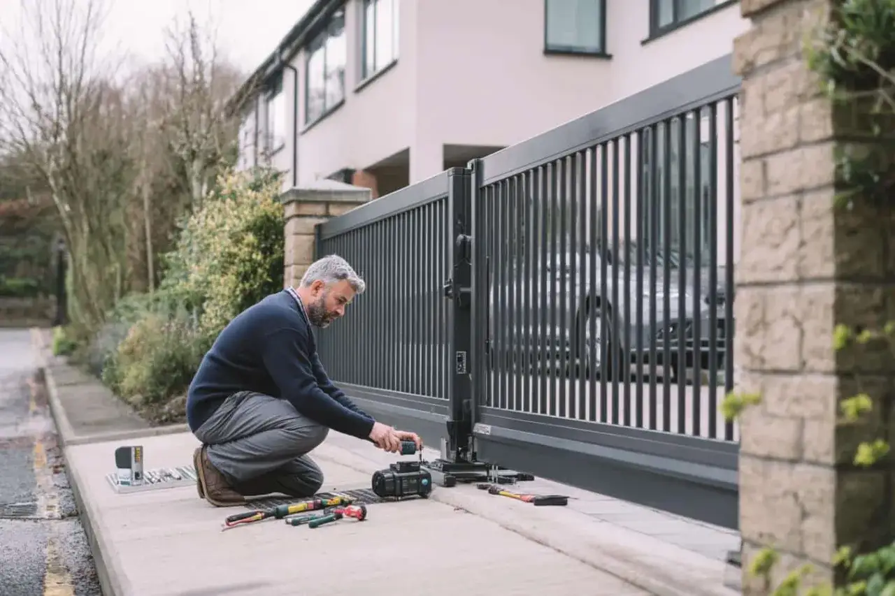 Un homme installe le moteur d'un portail coulissant, assurant la puissance n&eacute;cessaire &agrave; son bon fonctionnement.