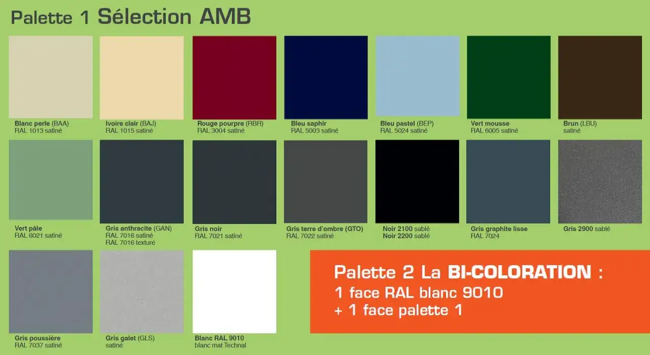 Palette de couleurs pour fen&ecirc;tre alu : du blanc perle au gris anthracite, en passant par le bleu saphir et le vert mousse.