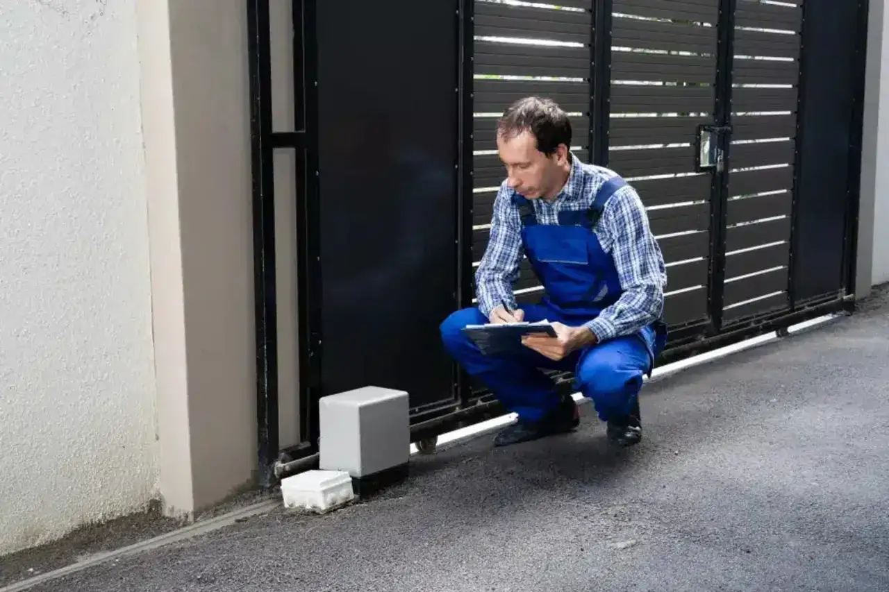 Un technicien v&eacute;rifie le passage de gaine pour portail coulissant, prenant des notes sur son carnet.