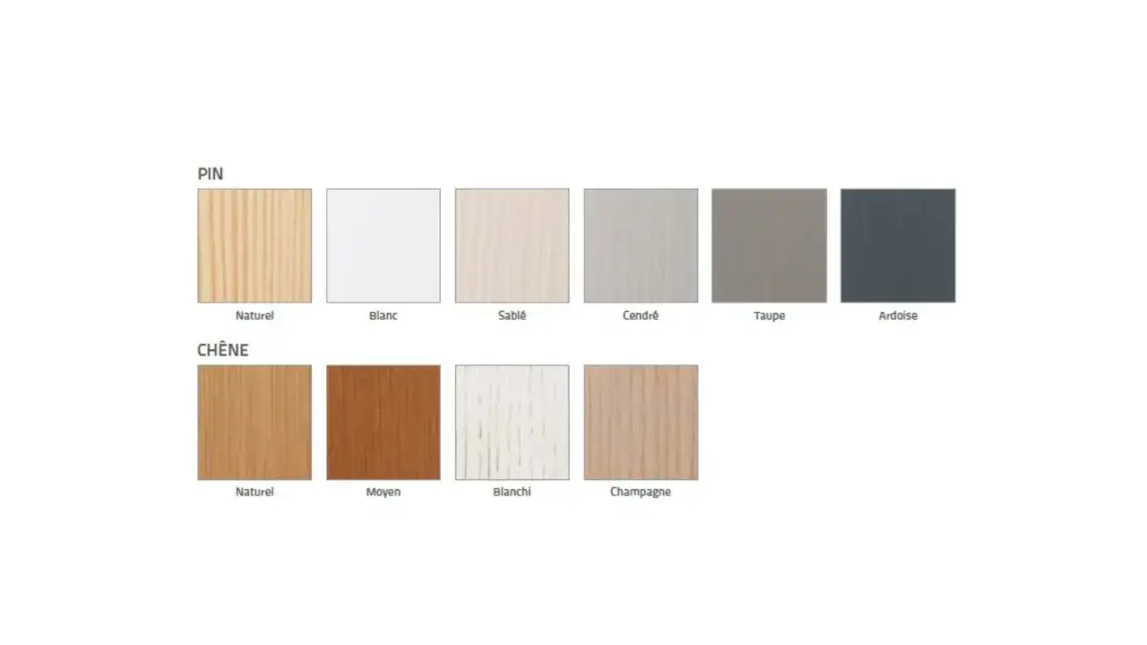 &Eacute;chantillons de couleurs de bois : pin naturel, blanc, sabl&eacute;, cendr&eacute;, taupe, ardoise ; ch&ecirc;ne naturel, moyen, blanchi, champagne.