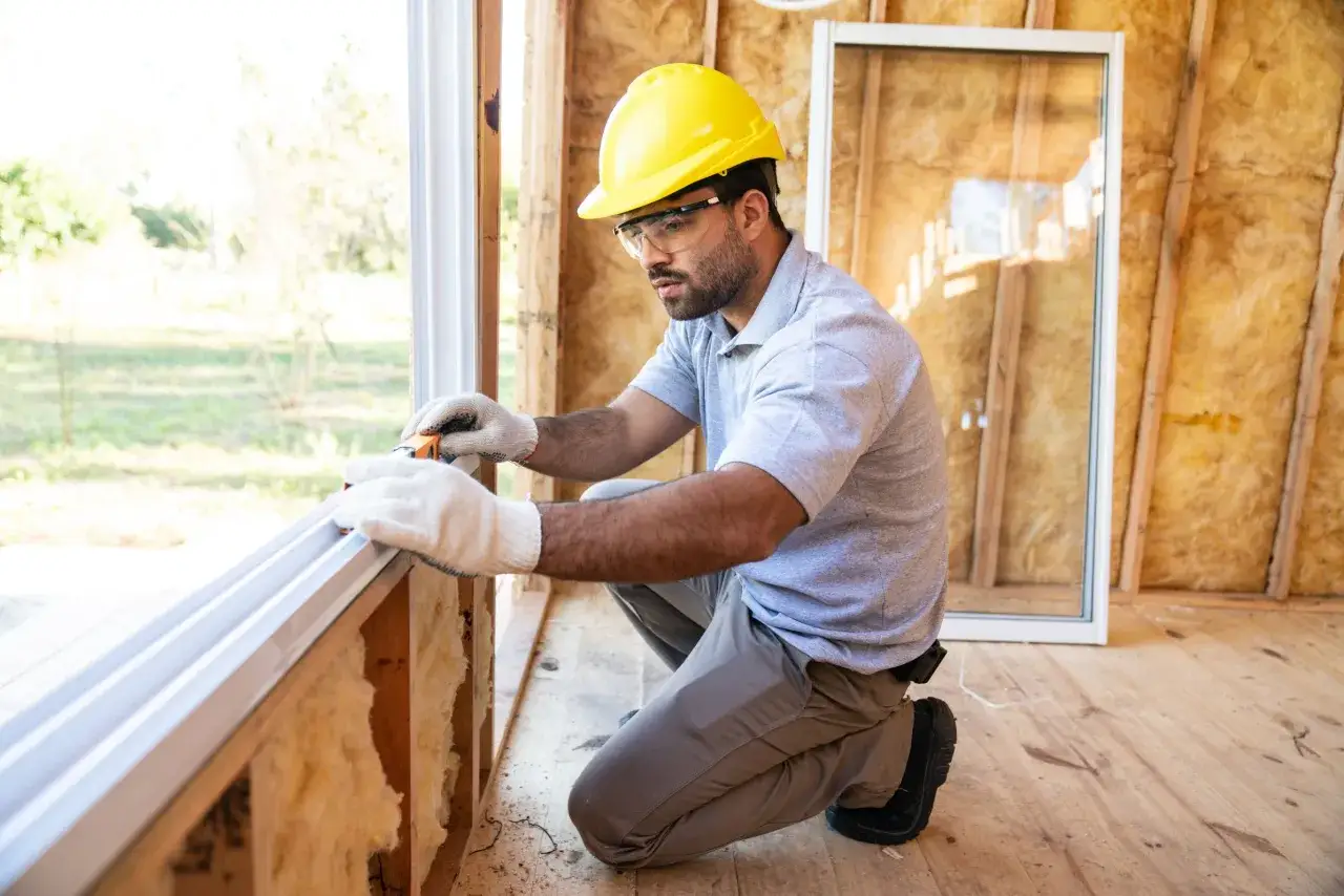 Un ouvrier en casque jaune travaille sur le remplacement d'une fen&ecirc;tre dans une maison en construction.