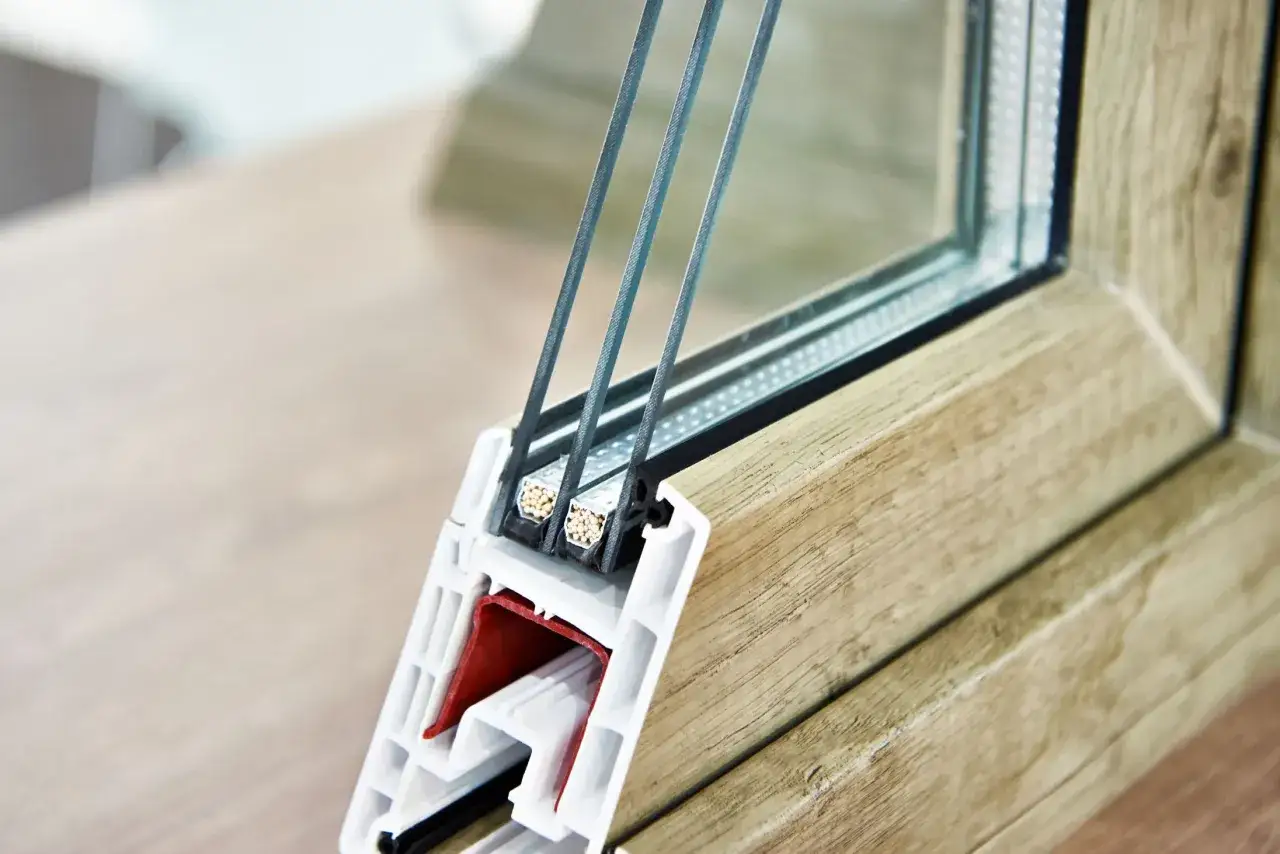 Coupe d'une fenêtre triple vitrage montrant sa structure interne, garantissant une excellente performance thermique Uw.