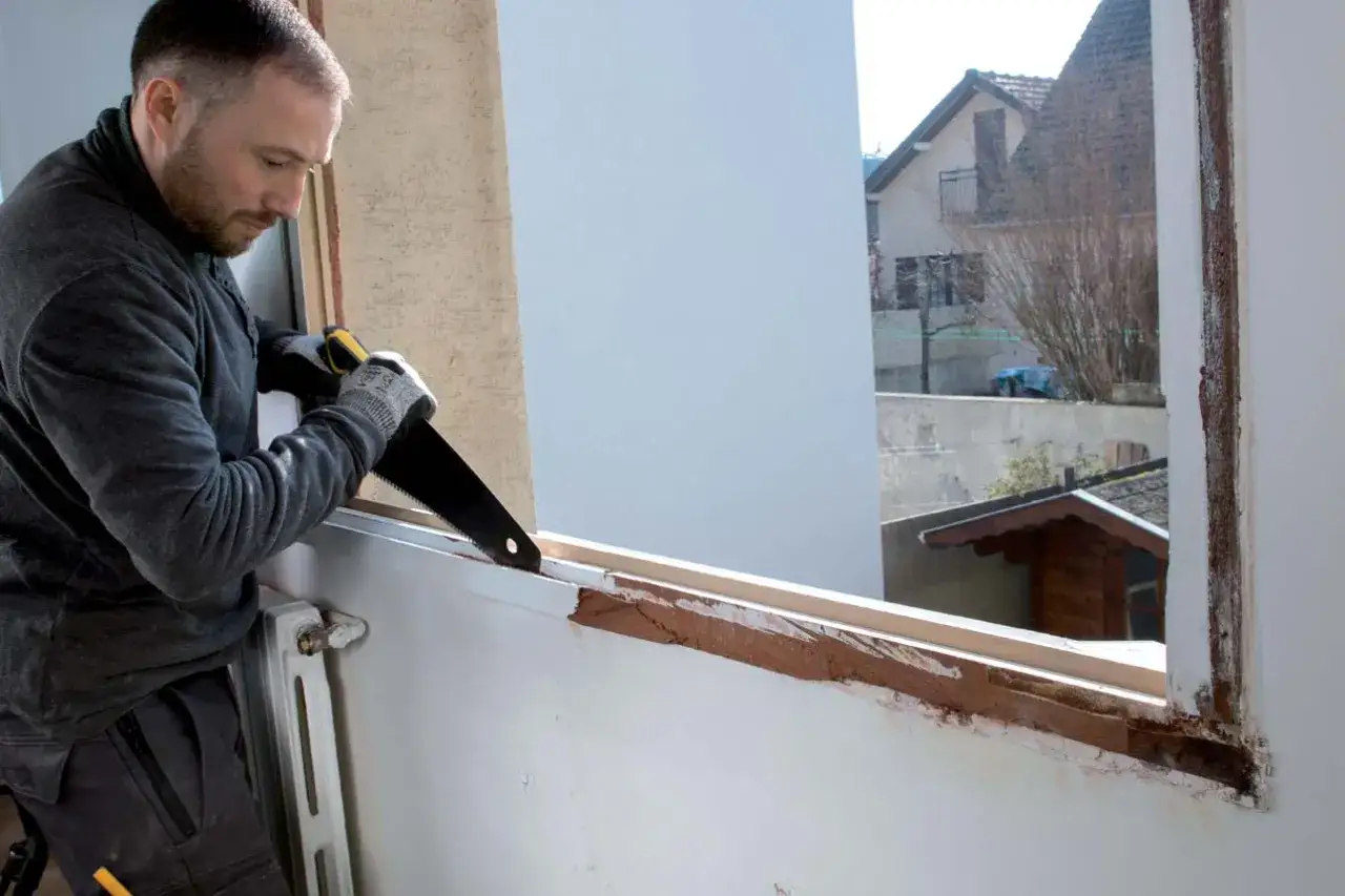 Un homme proc&egrave;de au d&eacute;montage d'une fen&ecirc;tre PVC avec une scie. Il porte des gants de protection.