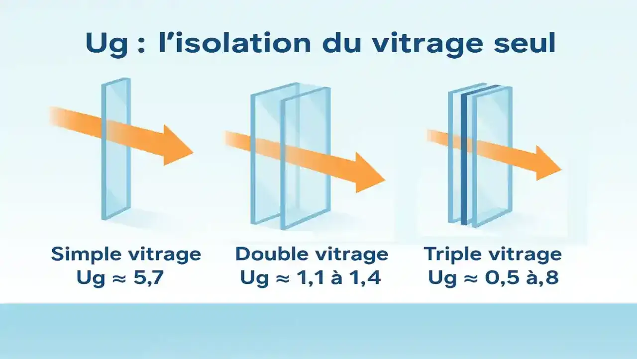 Comparaison de l'isolation thermique : simple vitrage, double vitrage et triple vitrage. L'orange montre la chaleur traversant le verre.