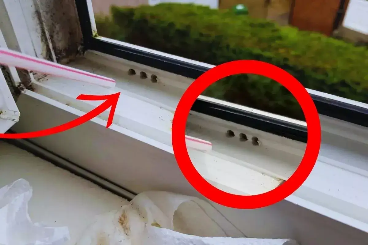 Petite paille rose dans le trou &eacute;vacuation eau fen&ecirc;tre pvc. La fl&egrave;che rouge indique les petits trous pour l'&eacute;coulement de l'eau.