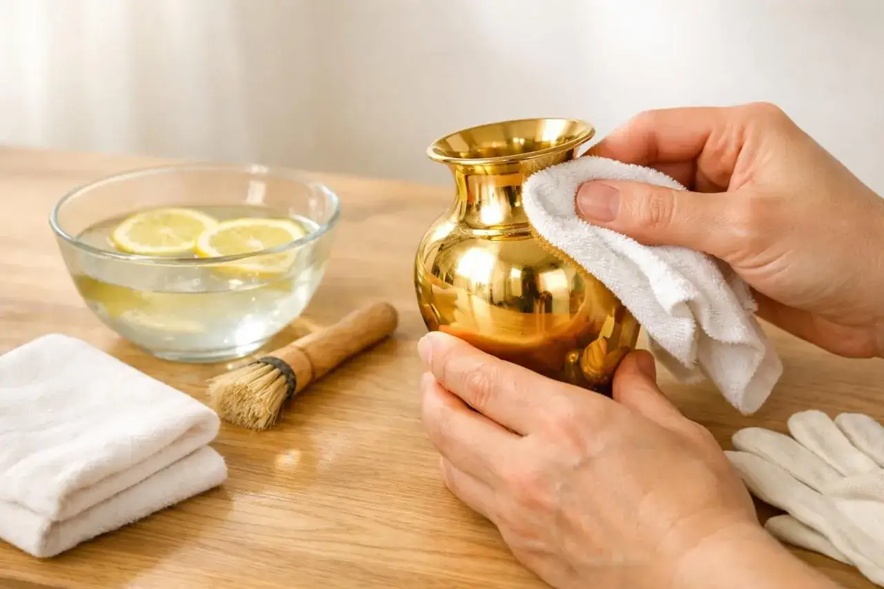 Nettoyer acier inoxydable dor&eacute; avec une solution de citron et de l'eau. Un petit vase dor&eacute; est poli avec un chiffon blanc.