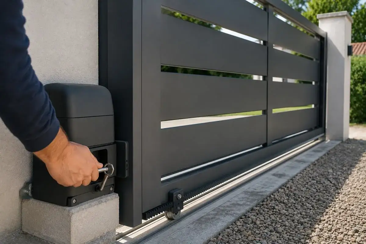 Maintenant, vous savez comment ouvrir un portail &eacute;lectrique manuellement. Une main ins&egrave;re une cl&eacute; dans le moteur.