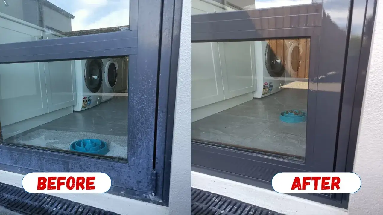 Avant/apr&egrave;s : le white spirit sur aluminium a redonn&eacute; son &eacute;clat &agrave; ce cadre de fen&ecirc;tre, r&eacute;v&eacute;lant une machine &agrave; laver propre derri&egrave;re.