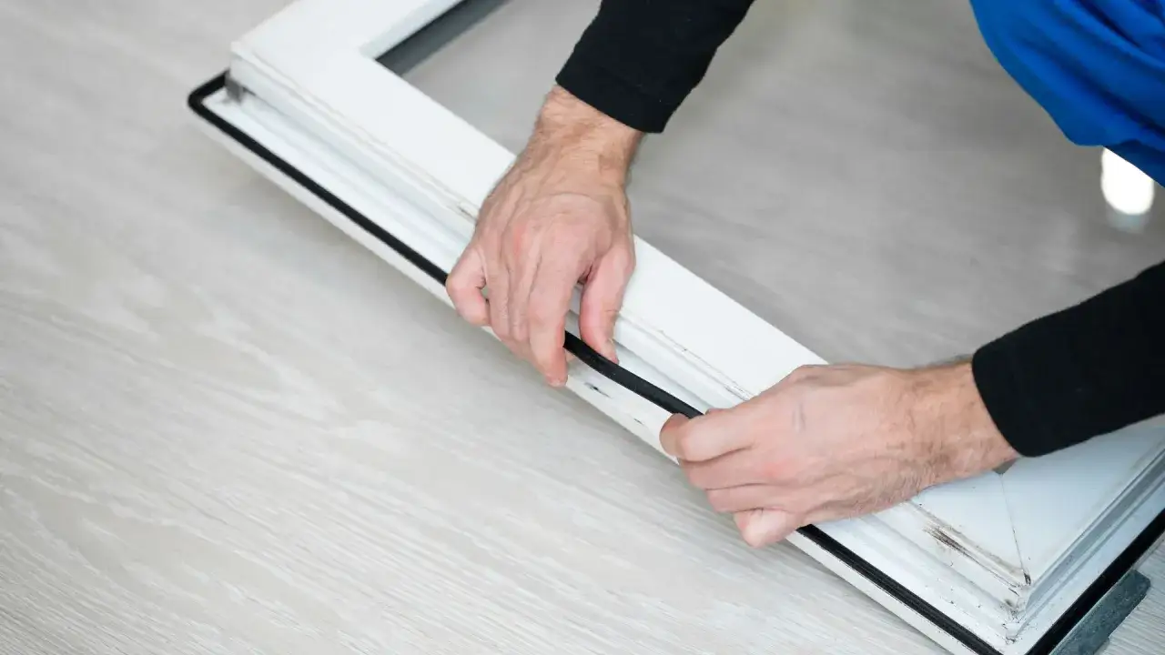 Mains ajustant un joint de fenêtre blanc pour assurer une étanchéité parfaite.