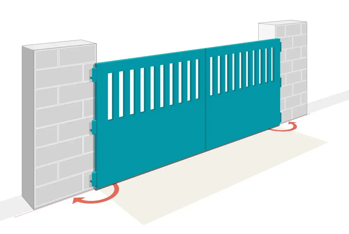 Illustration d'une motorisation portail en applique, montrant le m&eacute;canisme fix&eacute; sur le pilier et le portail bleu turquoise s'ouvrant.