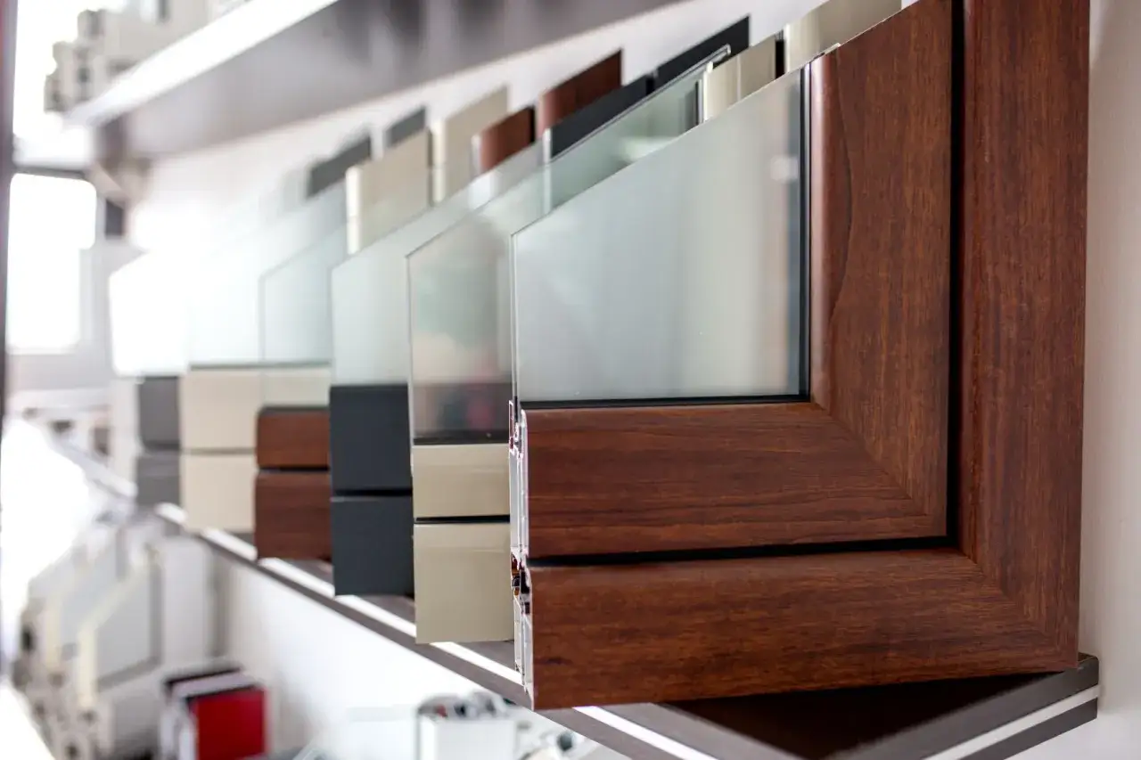 &Eacute;chantillons de mat&eacute;riaux de menuiserie : cadres de fen&ecirc;tres en bois, aluminium et verre d&eacute;poli, pr&eacute;sent&eacute;s sur des &eacute;tag&egrave;res.