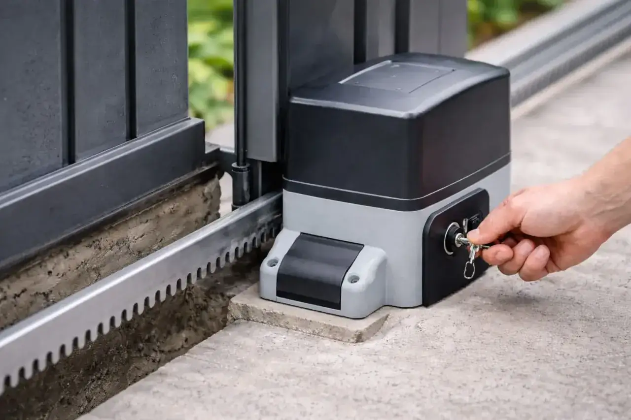Main d'homme ins&eacute;rant une cl&eacute; pour savoir comment ouvrir un portail &eacute;lectrique manuellement. Le moteur du portail est visible.
