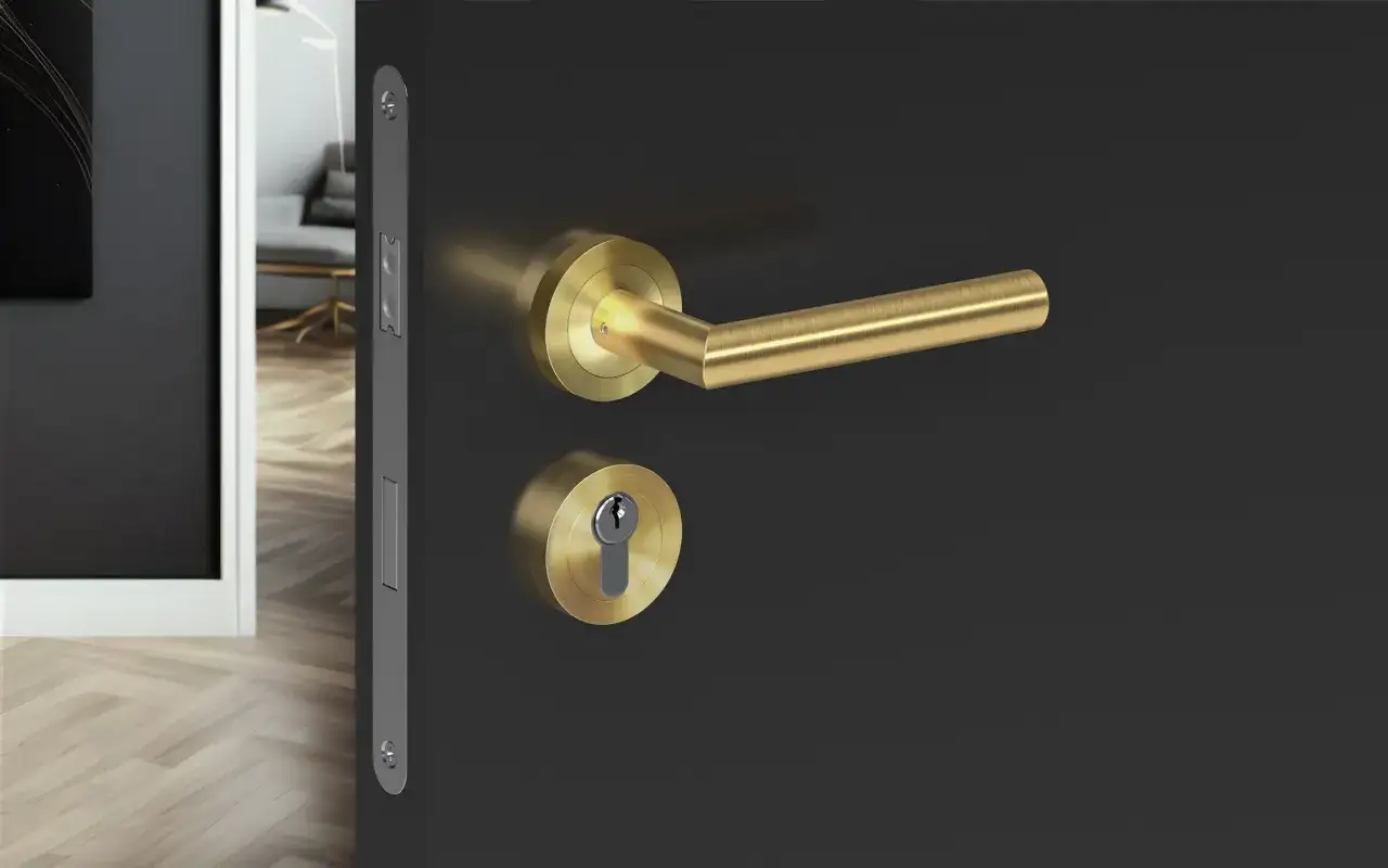 Poign&eacute;e de porte en laiton bross&eacute; sur porte anthracite, avec serrure assortie. Un choix &eacute;l&eacute;gant pour savoir quelle poign&eacute;e de porte choisir.