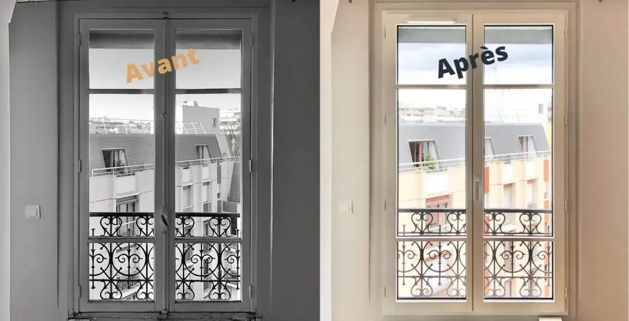 Avant/Apr&egrave;s : pose fen&ecirc;tre en r&eacute;novation sur ancien dormant. La nouvelle fen&ecirc;tre apporte luminosit&eacute; et modernit&eacute;.