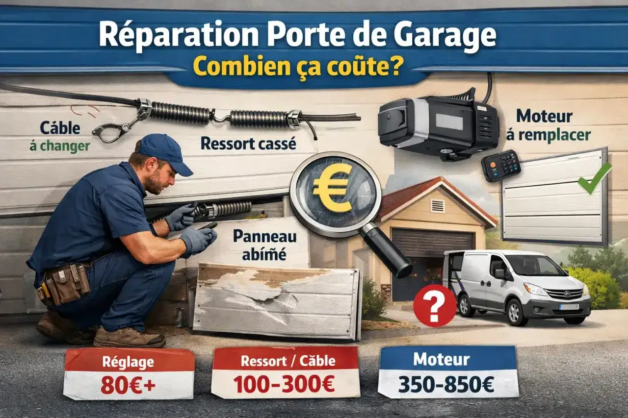 Un technicien r&eacute;pare une porte de garage. Le moteur de ma porte de garage ne fonctionne plus, co&ucirc;t estim&eacute; 350-850&euro;. Panneau ab&icirc;m&eacute;, ressort cass&eacute;, c&acirc;ble &agrave; changer.