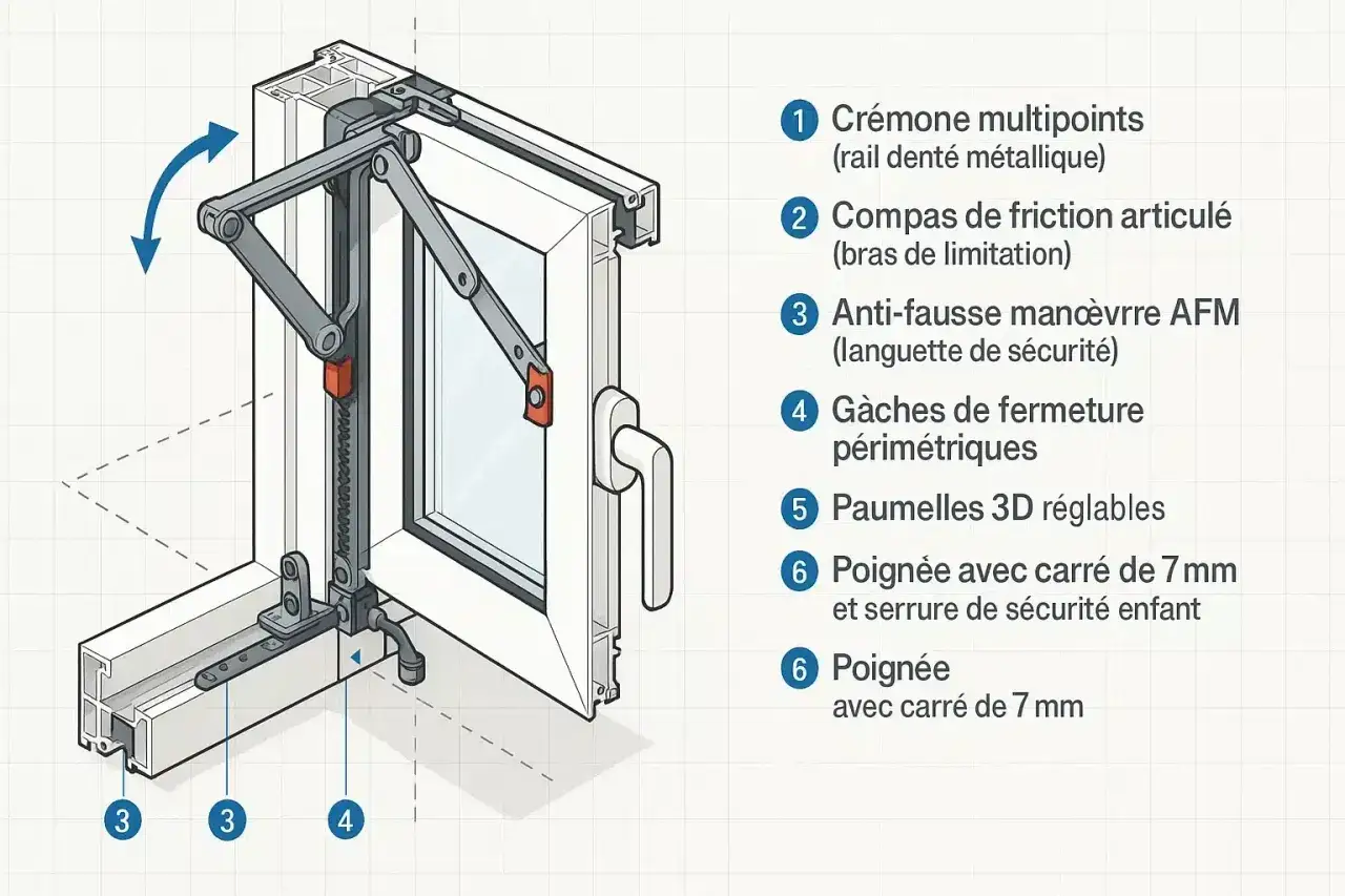 M&eacute;canisme de fen&ecirc;tre montrant l'ouverture par le haut avec compas de friction et cr&eacute;mone multipoints.