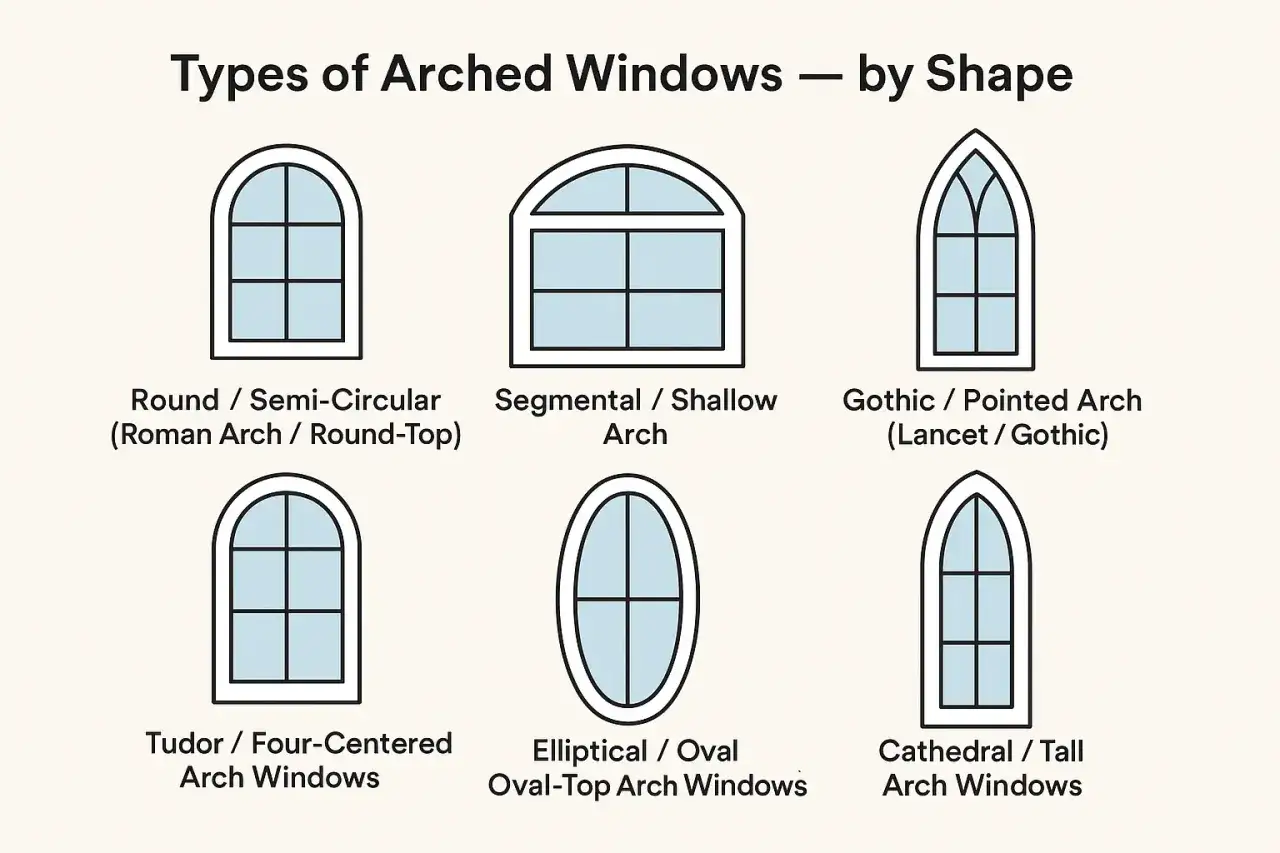 Illustration montrant six types de fen&ecirc;tres cintr&eacute;es, chacune avec une forme de fen&ecirc;tre distincte : ronde, segment&eacute;e, gothique, Tudor, elliptique et cath&eacute;drale.