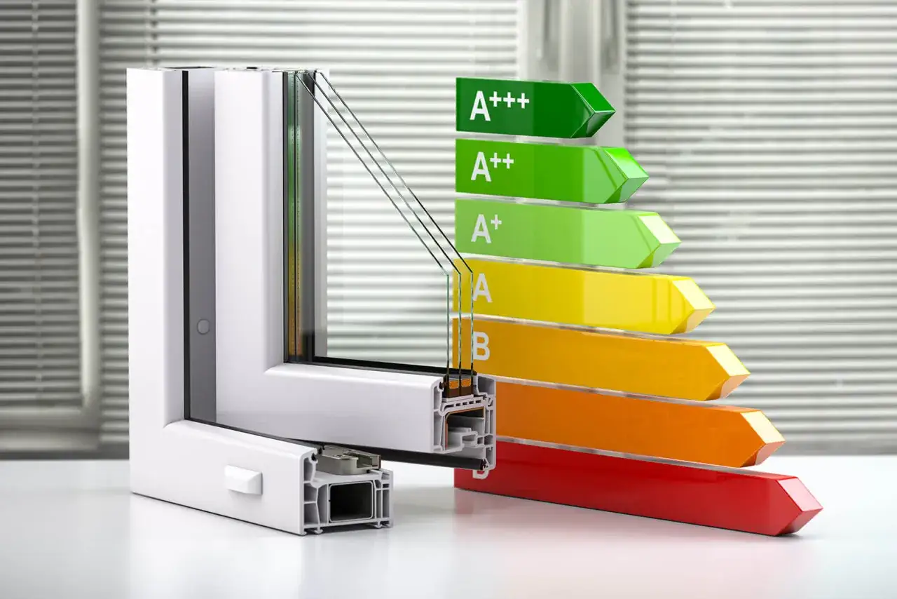 Coupe d'une fen&ecirc;tre PVC montrant son triple vitrage phonique et son classement &eacute;nerg&eacute;tique A+++.