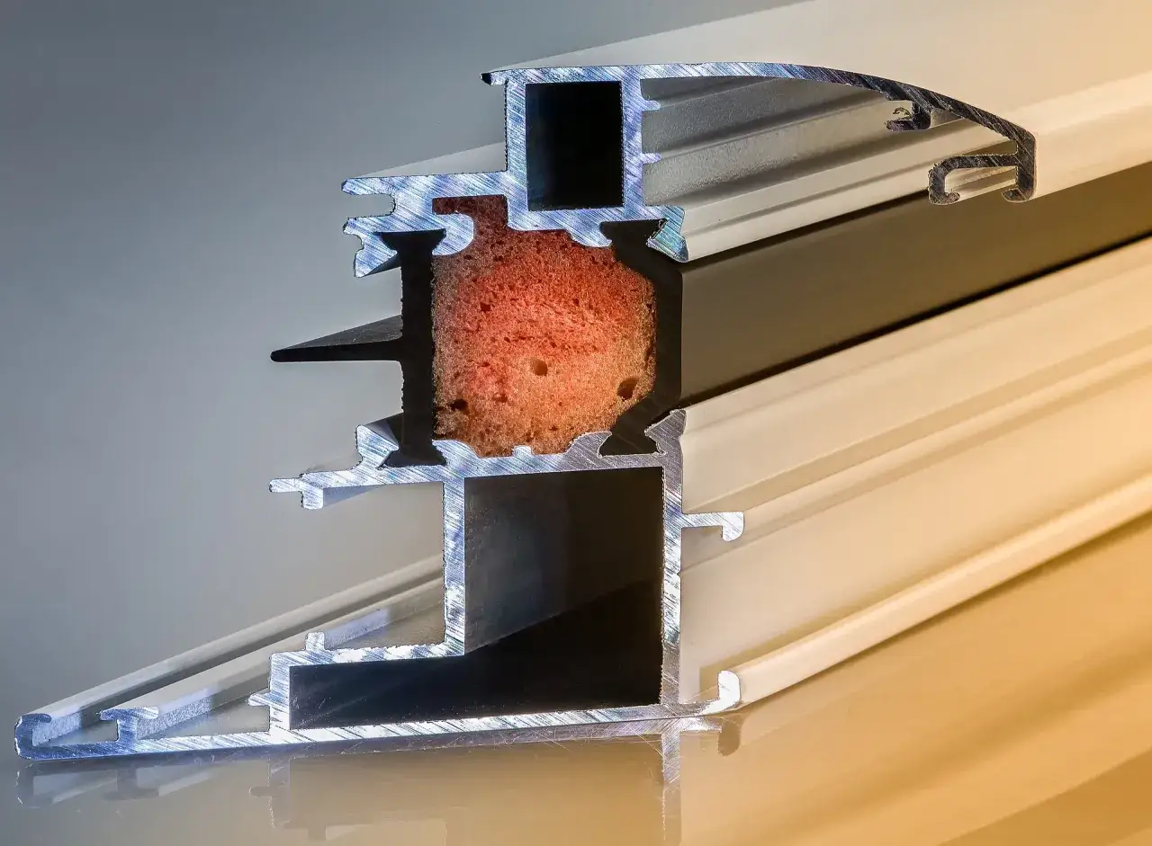 Coupe d'un profil&eacute; de menuiserie alu, montrant l'isolation thermique avec une mousse orange et des joints noirs.