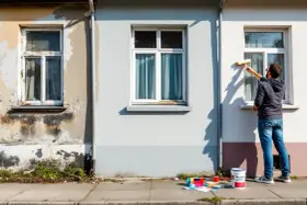 Un homme peint une fenêtre extérieure. Des pots de peinture et des nuanciers sont posés sur le trottoir, prêts pour la décoration de fenêtre extérieur.