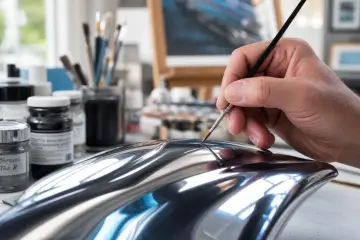 Main d'artiste peignant un objet à la finition chrome, ajoutant des détails subtils pour un réalisme saisissant.