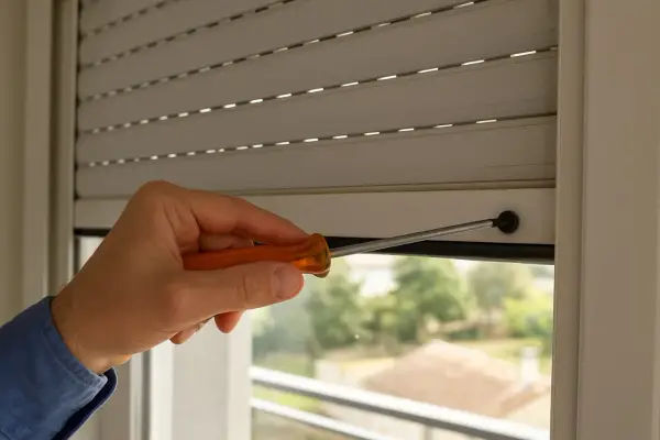 Main tenant, une personne utilise un tournevis pour réparer un volet roulant qui ne s'ouvre pas complètement.