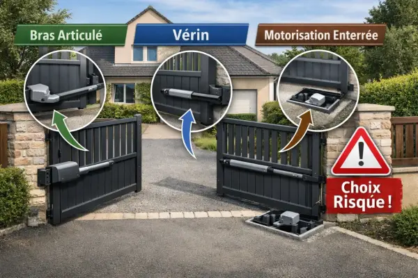 Trois types de motorisation de portail : bras articulé, vérin, et motorisation enterrée. Le choix de la motorisation portail en applique est crucial pour la sécurité.