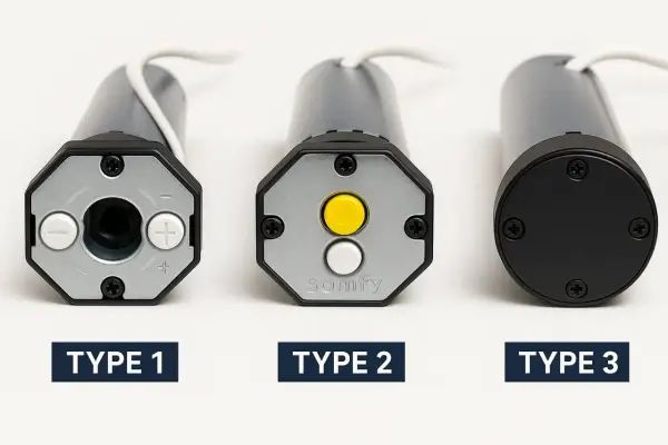 Trois moteurs tubulaires pour volet roulant électrique : Type 1 avec boutons +/- , Type 2 Somfy avec boutons jaune et blanc, Type 3 avec capot noir.