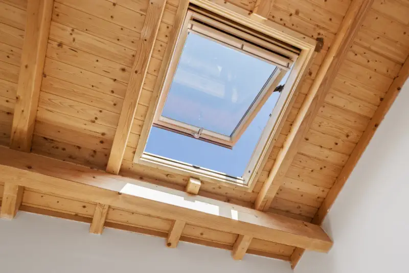 Un *uw velux* ouvert sur un ciel bleu éclatant, encadré par des poutres et un plafond en bois chaleureux.