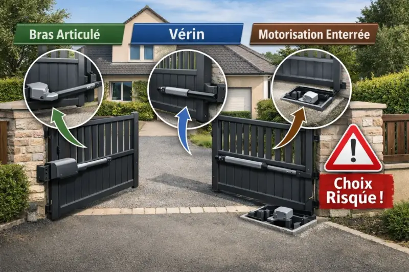 Trois types de motorisation de portail : bras articulé, vérin, et motorisation enterrée. Le choix de la motorisation portail en applique est crucial pour la sécurité.