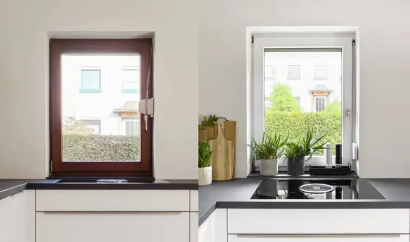 Avant/après : une fenêtre en bois marron est transformée en une fenêtre blanche lumineuse, apportant plus de clarté à la cuisine.