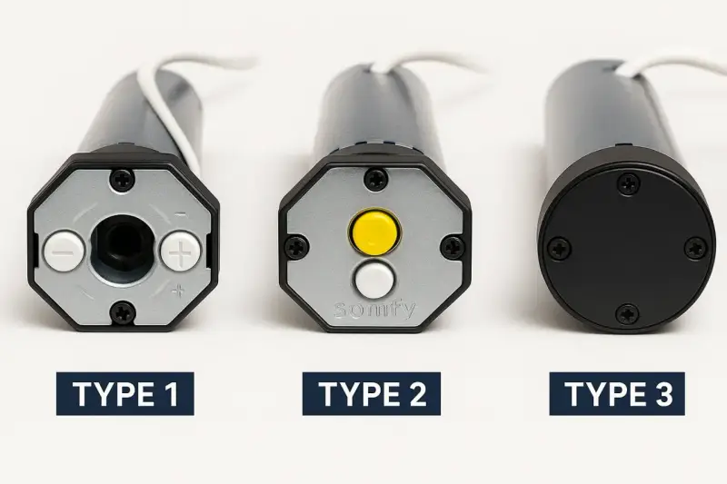 Trois moteurs tubulaires pour volet roulant électrique : Type 1 avec boutons +/- , Type 2 Somfy avec boutons jaune et blanc, Type 3 avec capot noir.