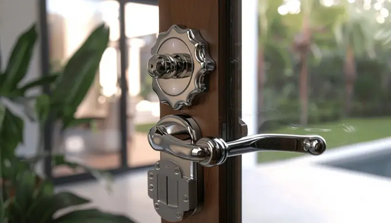 Poignée de porte en métal chromé, avec un bouton rotatif et un loquet, un type de serrure élégant pour une entrée moderne.