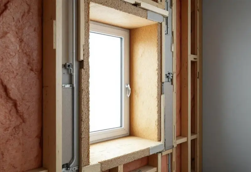 Vue rapprochée d'une fenêtre en cours d'installation, montrant l'isolation et la structure en bois. Idéal pour ceux qui veulent changer fenêtre soi même.